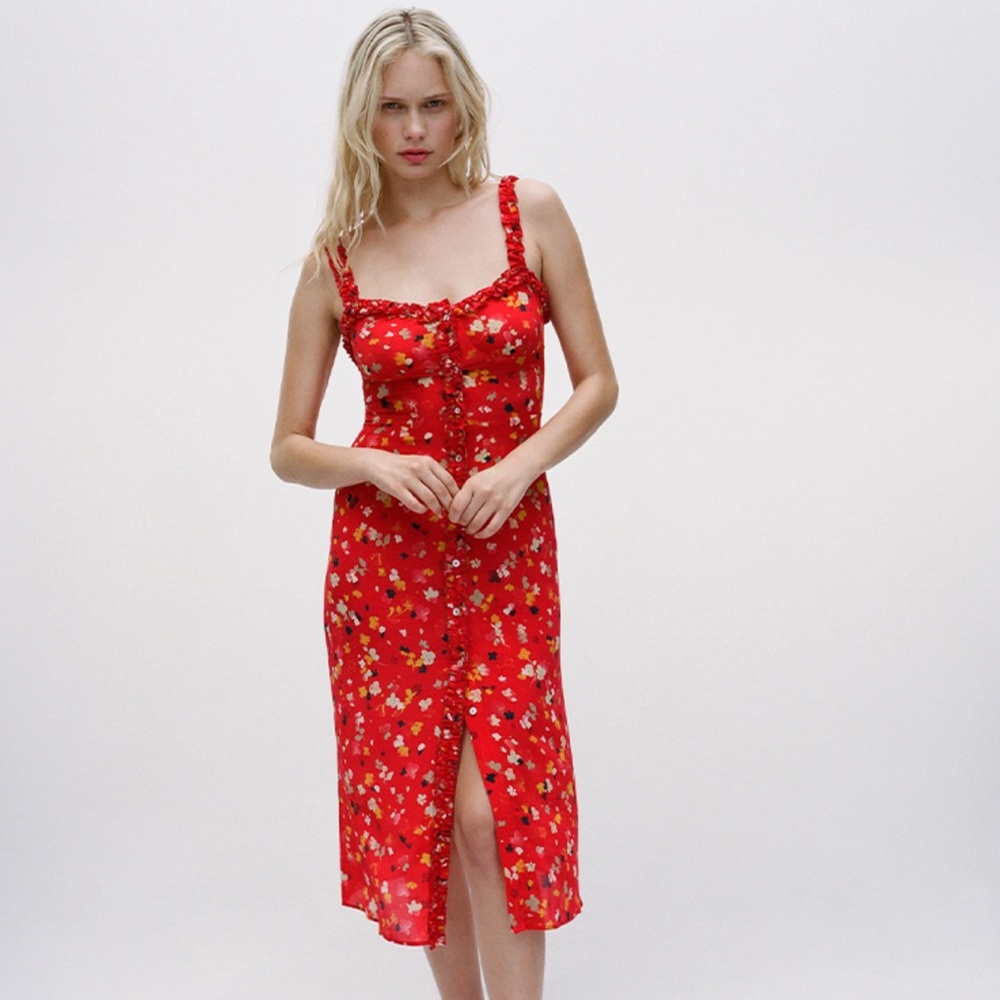Realisation Par Red Floral Ruffle Strap Midi Dress - Picture 4 of 8